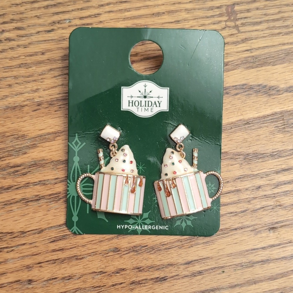 Holiday Time Hot Chocolate Motif Dangle Drop Earrings Hypo-allergenic